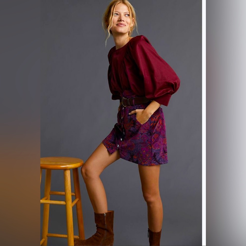 Pilcro Burgundy Puff-Sleeve Top with Purple Paisley Mini Skirt
